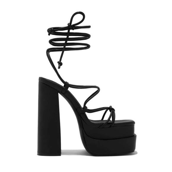 Black Lace Up Double Platform Block High Heel - Picture 5 of 7